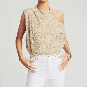 $485 RETROFETE Myles Sequin Off Shoulder Top Medium In CHAMPAGNE